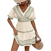 SweatyRocks Women's Printed V Neck Mini Dresses A Line Dolman Short Sleeve Summer Boho Dress