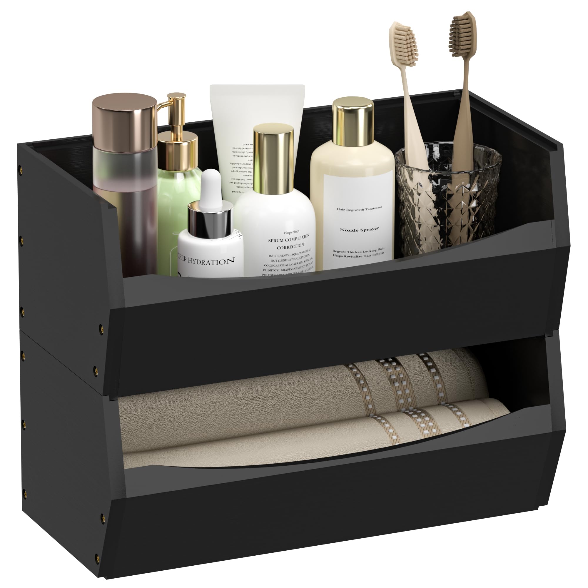 Photo 1 of 2 Set Open Front Stackable Storage Bins, Bamboo Stacking Storage Bins Food Vegetable Makeup Containers, Organizer Bins for Kitchen, Bathroom, Office, Cabinet, Countertop Storage (Long Black)