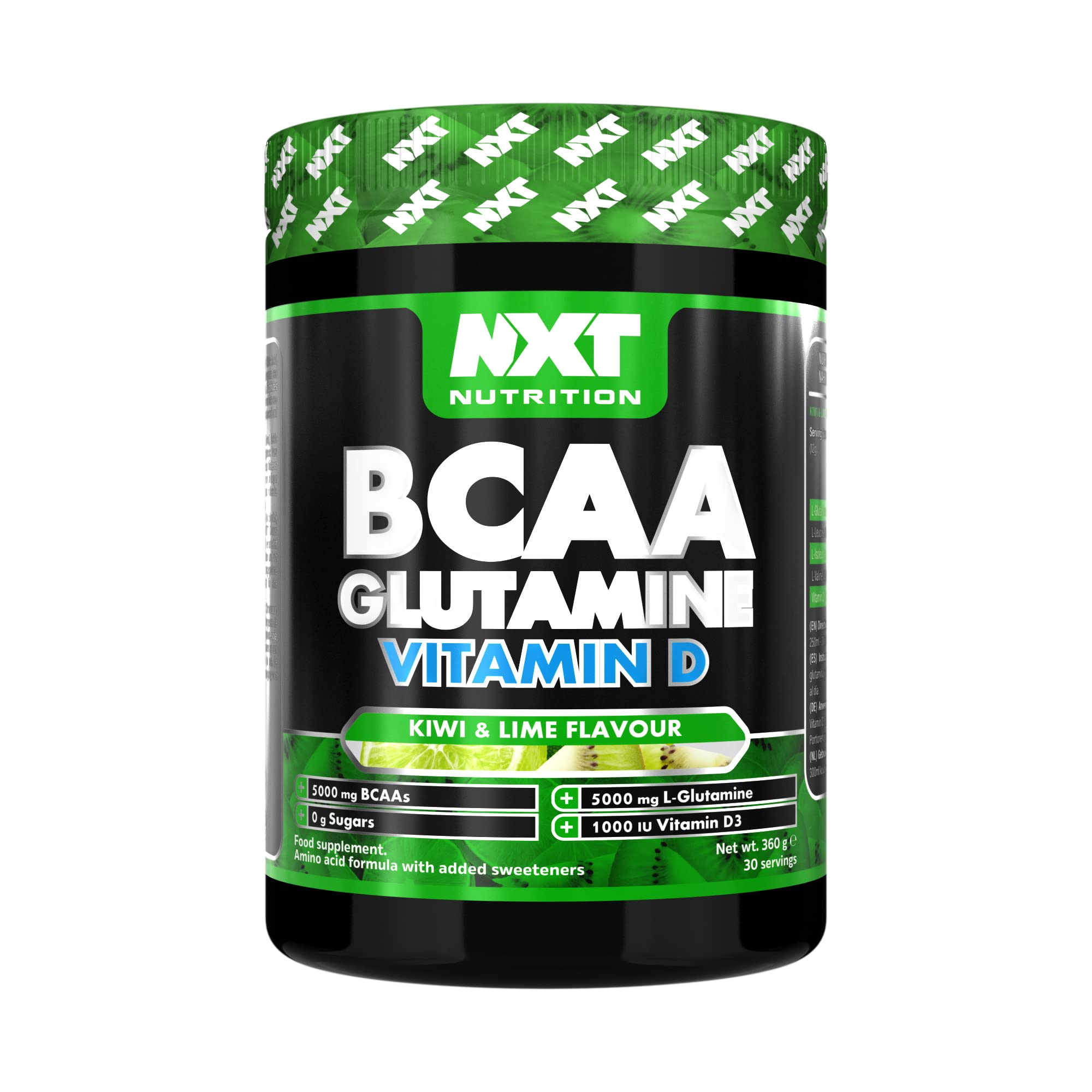 NXT Nutrition BCAA, Glutamine & Vitamin D | BCAAs Amino Acids with Vitamin D3 and L-Glutamine - for Recovery, Gut Health and Muscle Protein Synthesis | 360g - 30 Servings (Kiwi Lime)