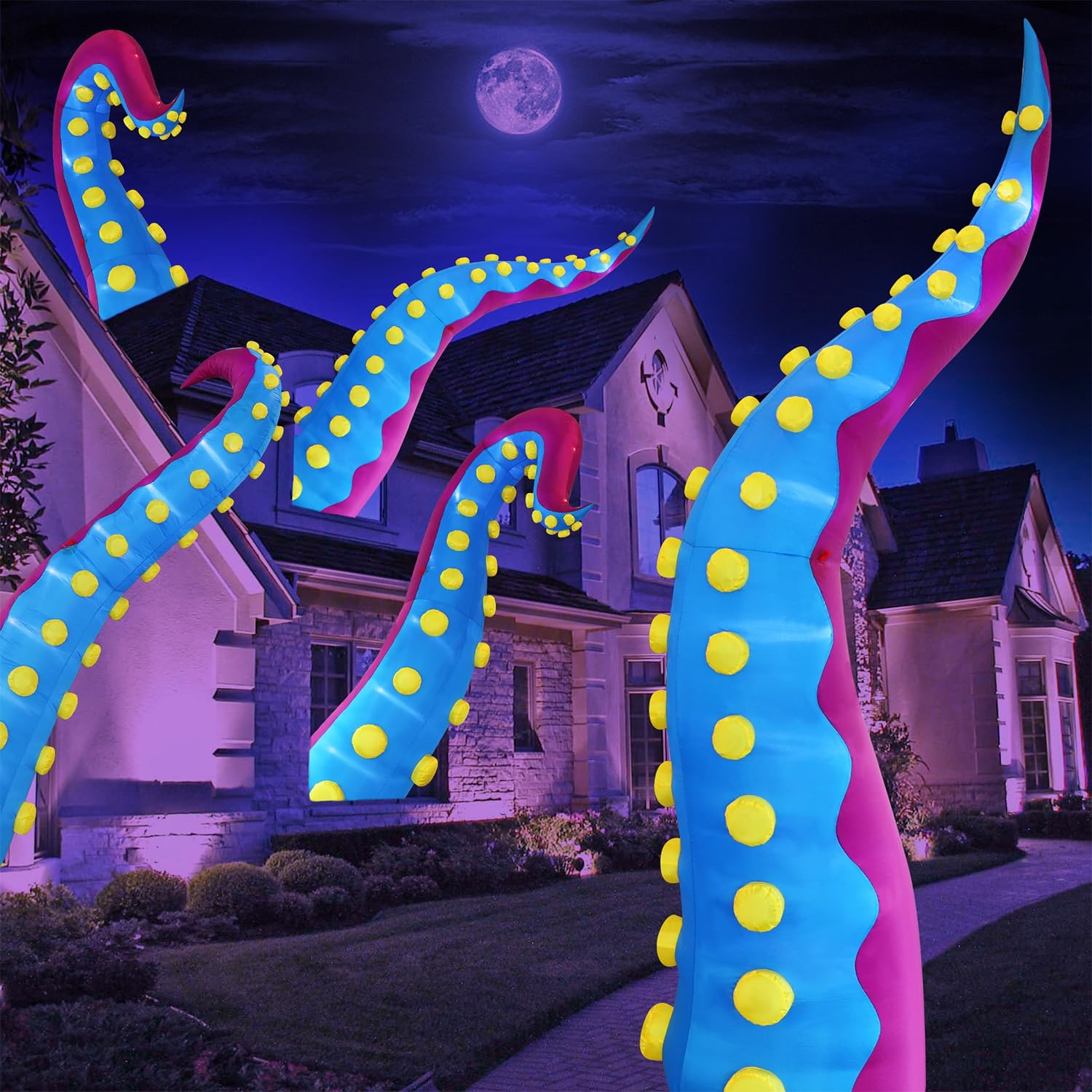 Photo 1 of Juegoal 1 PCS Halloween Decorations 11.5FT Tall Inflatable Lighted Giant Octopus Tentacle, Octopus Legs with Lights, Halloween Front Door Window Roof Prop, Outdoor Holiday Blow up Decor - Mold C