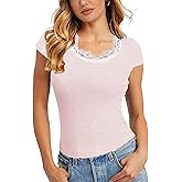 Outfeel Women's Cap Short Sleeve Lace Fitted Shirts Scoop Neck Y2k Summer Going Out Tops