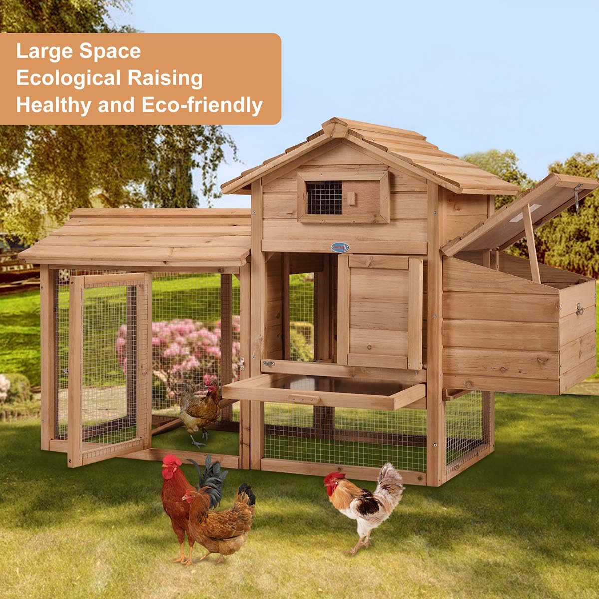 COZIWOW 2-Tier 60” Outdoor Wooden Chicken Coop Hutch for Small Pets with Spacious Run, Nesting Box, and Egg Collection Box, Ramp, Original Wood Color
