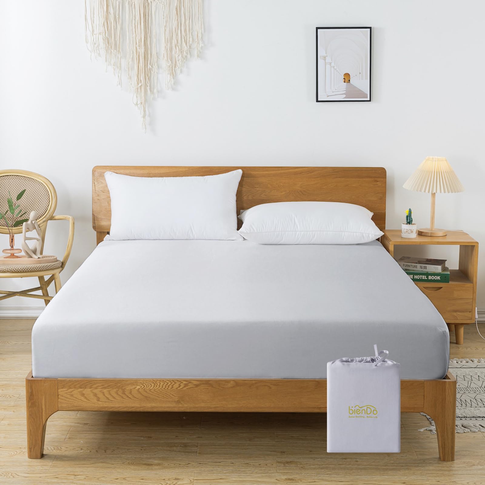 bienDo Bamboo Fitted Sheet, Double Size, Vegan Silk, 35CM Extra Deep Pocket, 400 Thread Count, Cooling, Breathable, Hypoallergenic & Silky Soft - Light Grey, 135 x 190cm