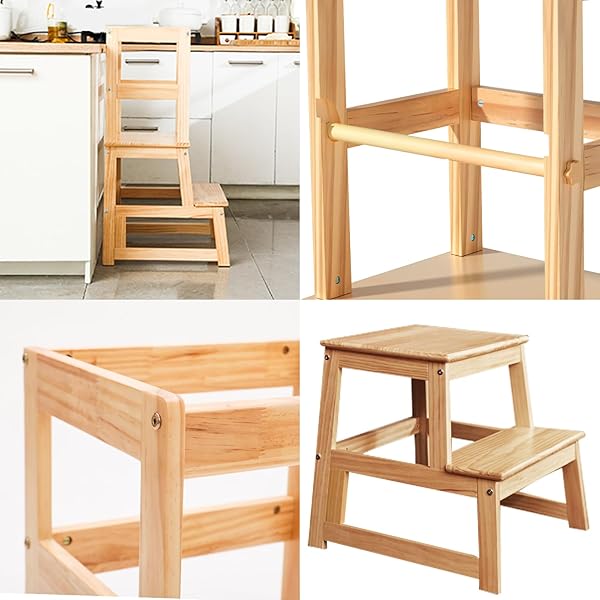 KITCHEN STEP STOOL FOR KIDS WITH SAFETY RAIL,TODDLER STANDING TOWER FOR KITCHEN COUNTER, BABY MONTESSORI STOOL,SOLID WOOD CONSTRUCTION,NATURAL