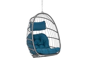 Yechen Wicker Rattan Hanging Egg Swing Chair with Hanging Chain Outdoor Indoor, Foldable Hammock Egg Basket Chairs Without Stand with Aluminum Frame and UV Resistant Cushion for Bedroom Porch