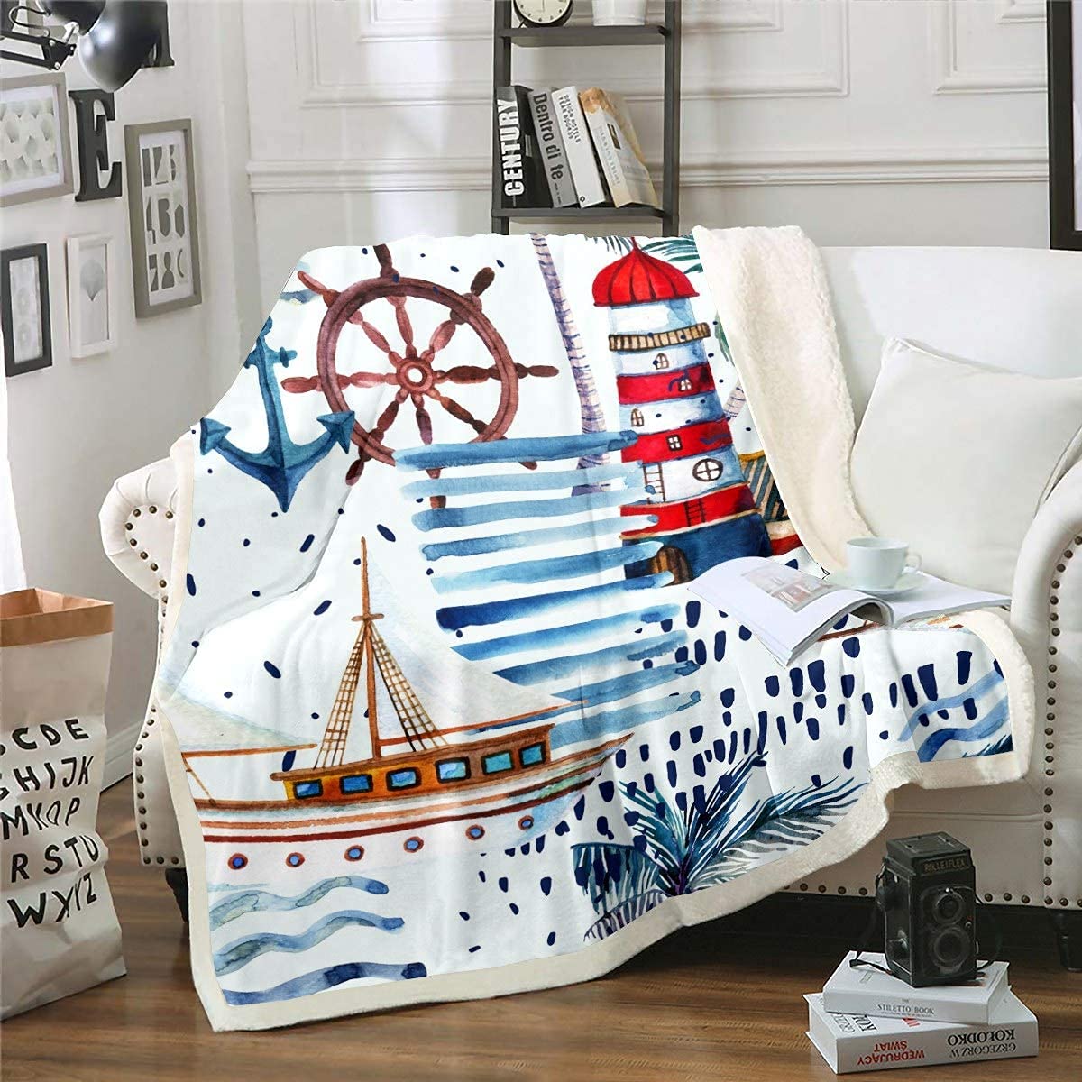 Loussiesd Nautical Fleece Blanket for Chair Sofa Sailboat Anchor Rudder Sherpa Blanket Ocean Fuzzy Blanket Palm Leaf Plush Throw Blanket Sea Adventure 40x50 Inch