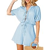 Fixmatti Women Summer Romper - Self Tie V Neck Casual Jumpsuit