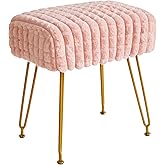 IBUYKE Rectangular Footrest Stool Ottoman, Makeup Vanity Stool Side Table, Velvet Dressing Table Seat, Footstool Chair, Golden Steel Legs, for Makeup Room, Bedroom, Square Grid Pattern, Pink WBD003P