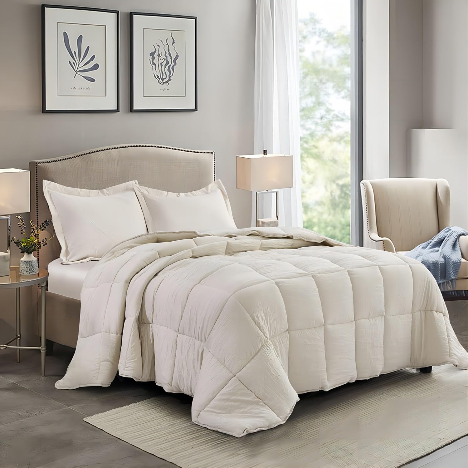 HIG Pre Washed Down Alternative Comforter Set Queen - Reversible Chic Quilt Design - Box Stitched with 4 Corner Tabs - Lightweight for All Season - Camel Duvet Comforter with 2 Pillow Shams Image