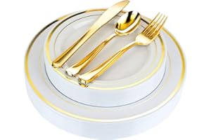 STOCK YOUR HOME 125-Piece White and Gold Fancy Plastic Plates Disposable with Silverware, Elegant Dinnerware for Weddings, Holiday Party China, Set of 25 Dinner + Salad Plates, 25 Spoons, 25 Forks, 25 Knives