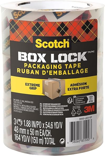 Scotch Box Lock Packaging Tape 3 Rolls 48 mm x 50 m Clear Strong Adhesive