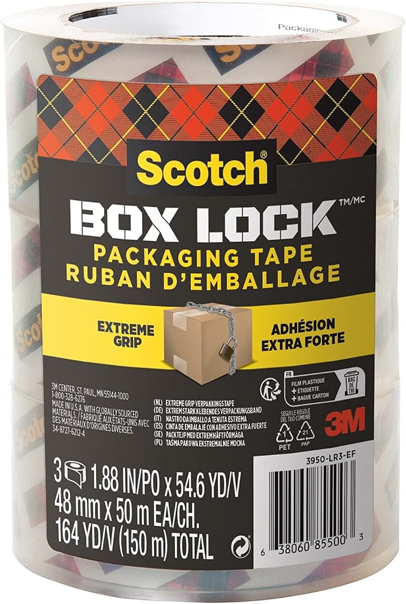 Scotch Box Lock Packaging Tape 3 Rolls 48 mm x 50 m Clear Strong Adhesive