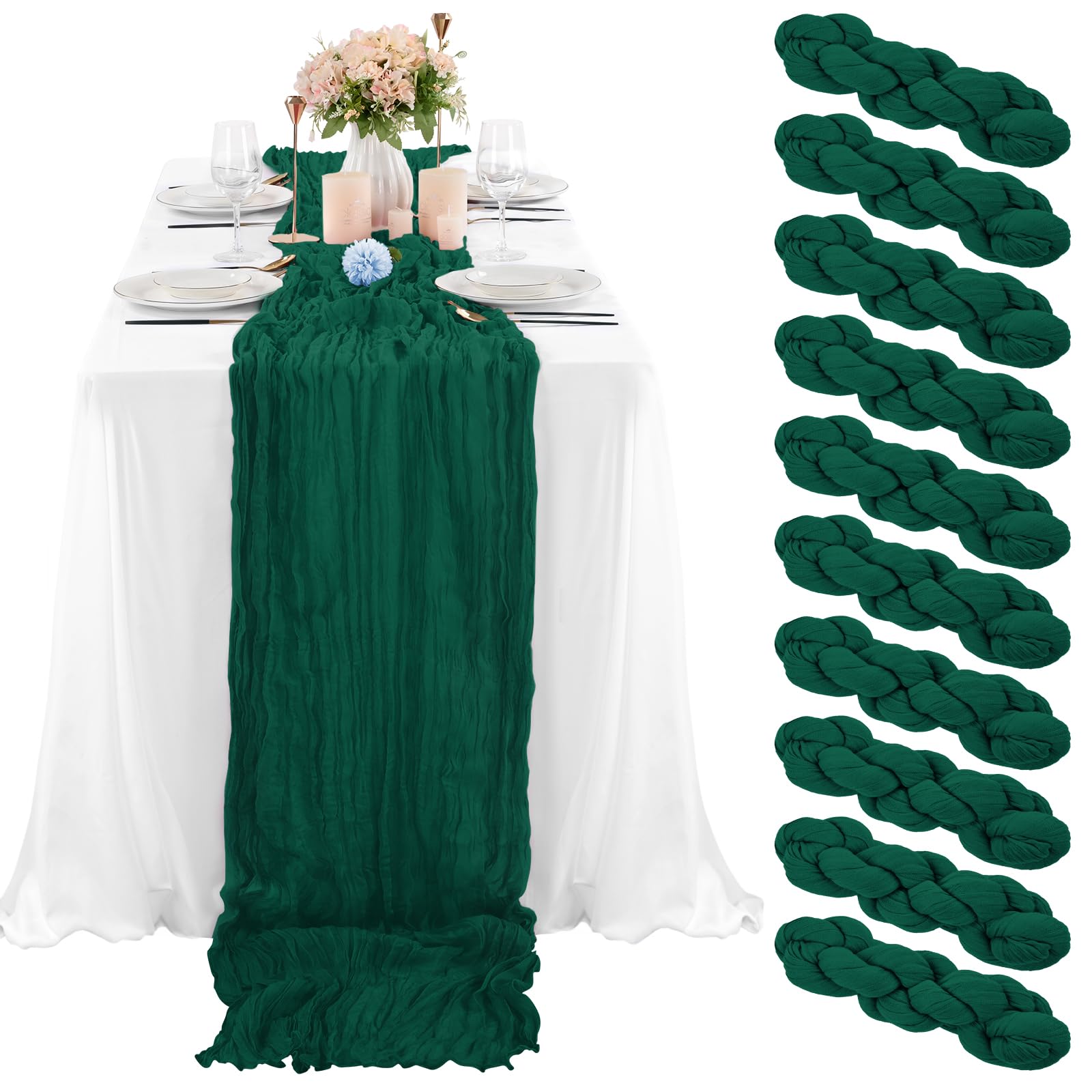 Photo 1 of 10 Pcs Dark Green Cheesecloth Table Runner 10FT, Gauze Table Runner for Wedding Reception Sheer Bridal Shower Birthday Party Boho Table Decoration, Rustic Romantic Wedding Runner