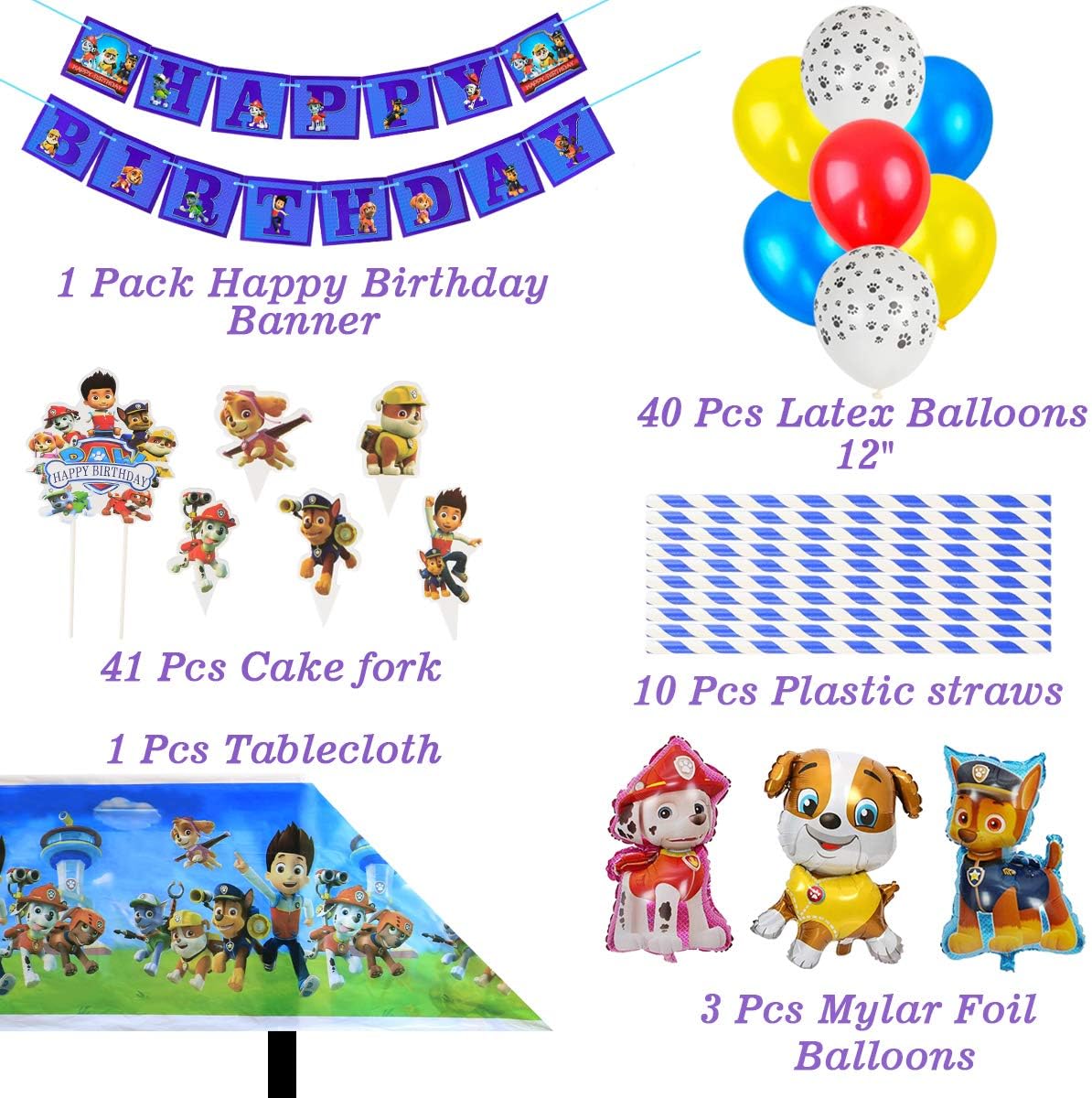 Dog Patrol Party Supplies Decoratins Set- Serve 10 Guests -167 Pcs, Birthday Packs Includes Flatwares, Cups, Tablecloth, Backdrop, Napkins, Balloon, Banner, Cakeforks for Kids Girls Boys: Toys & Games