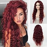 Wiwige Long Curly Wavy Wine Red Wig for Women Side Part Burgundy Natural Looking Cosplay Synthetic Fiber Wig Heat Resistant Replacement Wig,25 inch