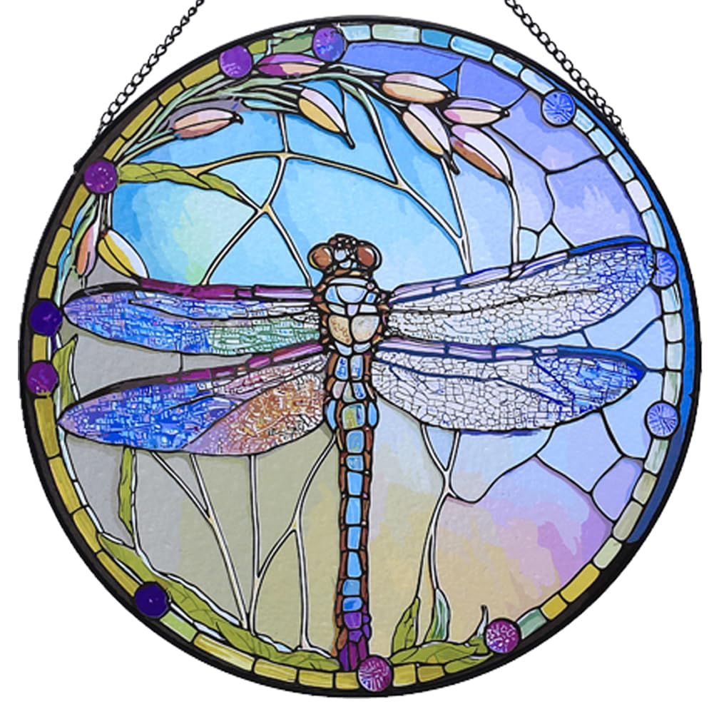 Photo 1 of 12 Inch Stained Glass Window Hanging, Large Dragonfly Suncatcher, Stained Glass Window Suncatcher, Dragonfly Home Wall Art Decor for Indoor/Outdoor, Hand Colorful Panel Sun Catcher, Gift for Mom