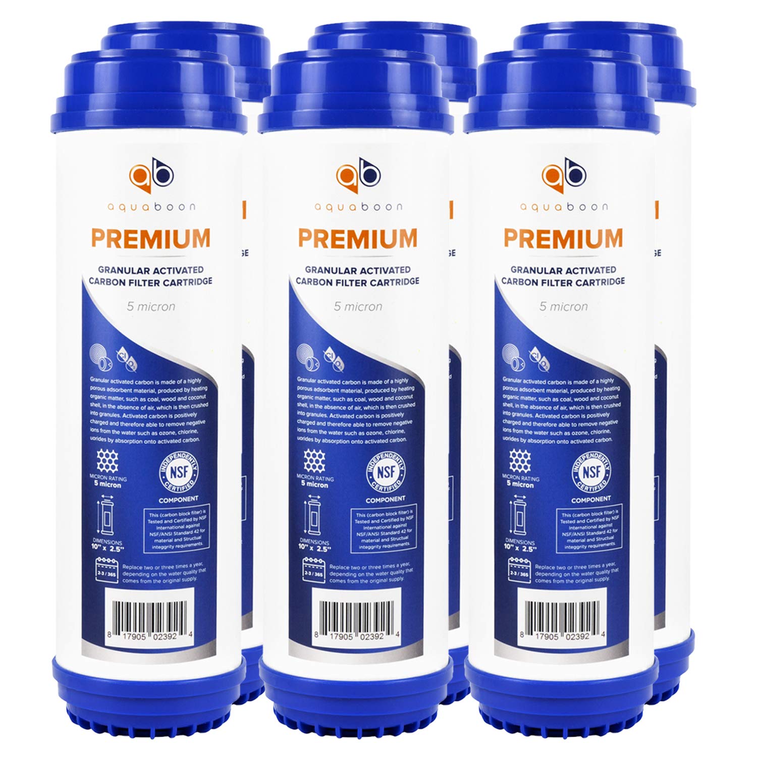 Aquaboon Premium 5 Micron 10" x 2.5" Coconut Shell Granular Activated Carbon (GAC) Water Filter Replacement Cartridge, 6 Pack