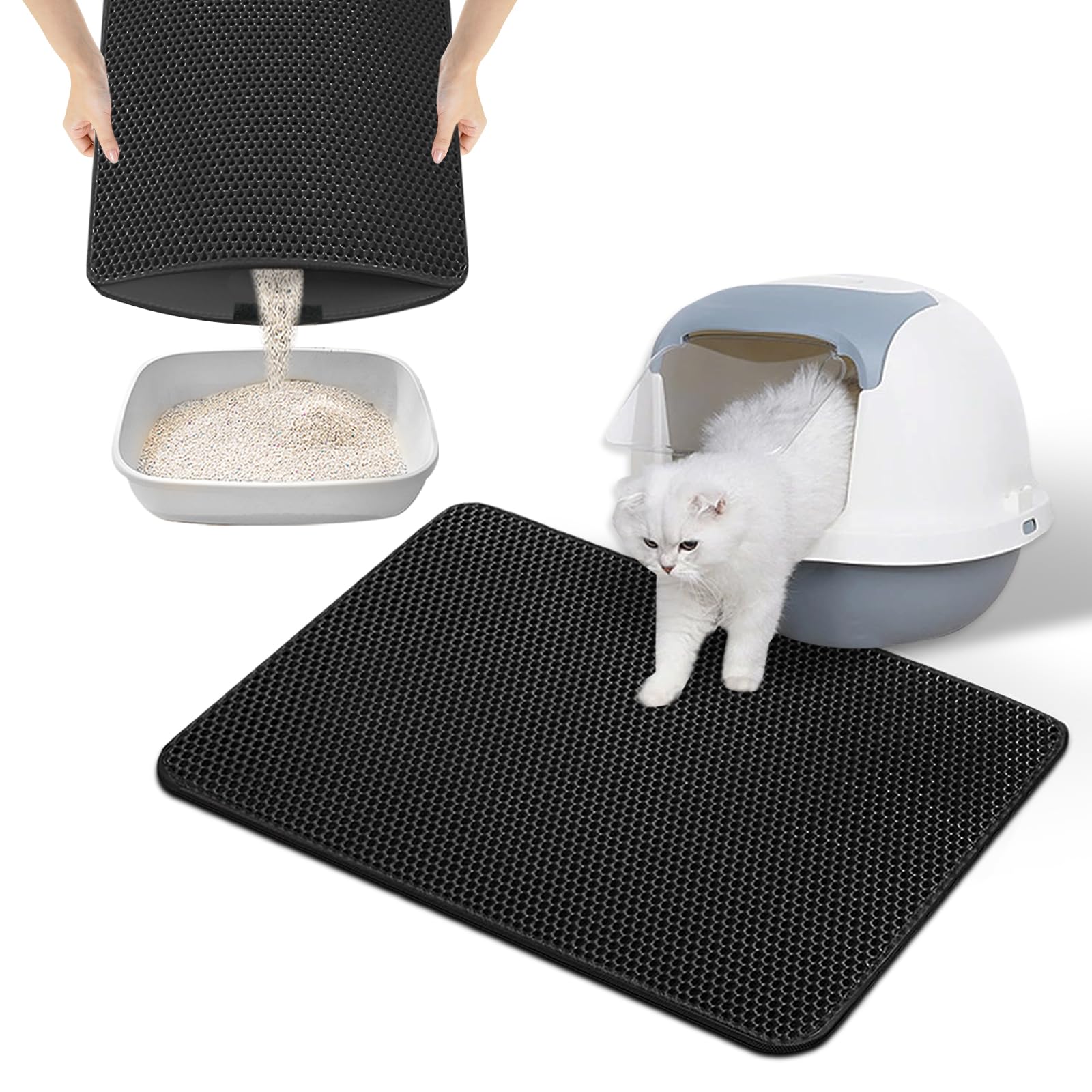 Phantasy Cat Litter Tray Mat 55 x 75 cm, Black Cat Litter Mat, Honeycomb Design Mat, Waterproof Double Layer Design, Honeycomb Mat, Cat Litter Tray Mat