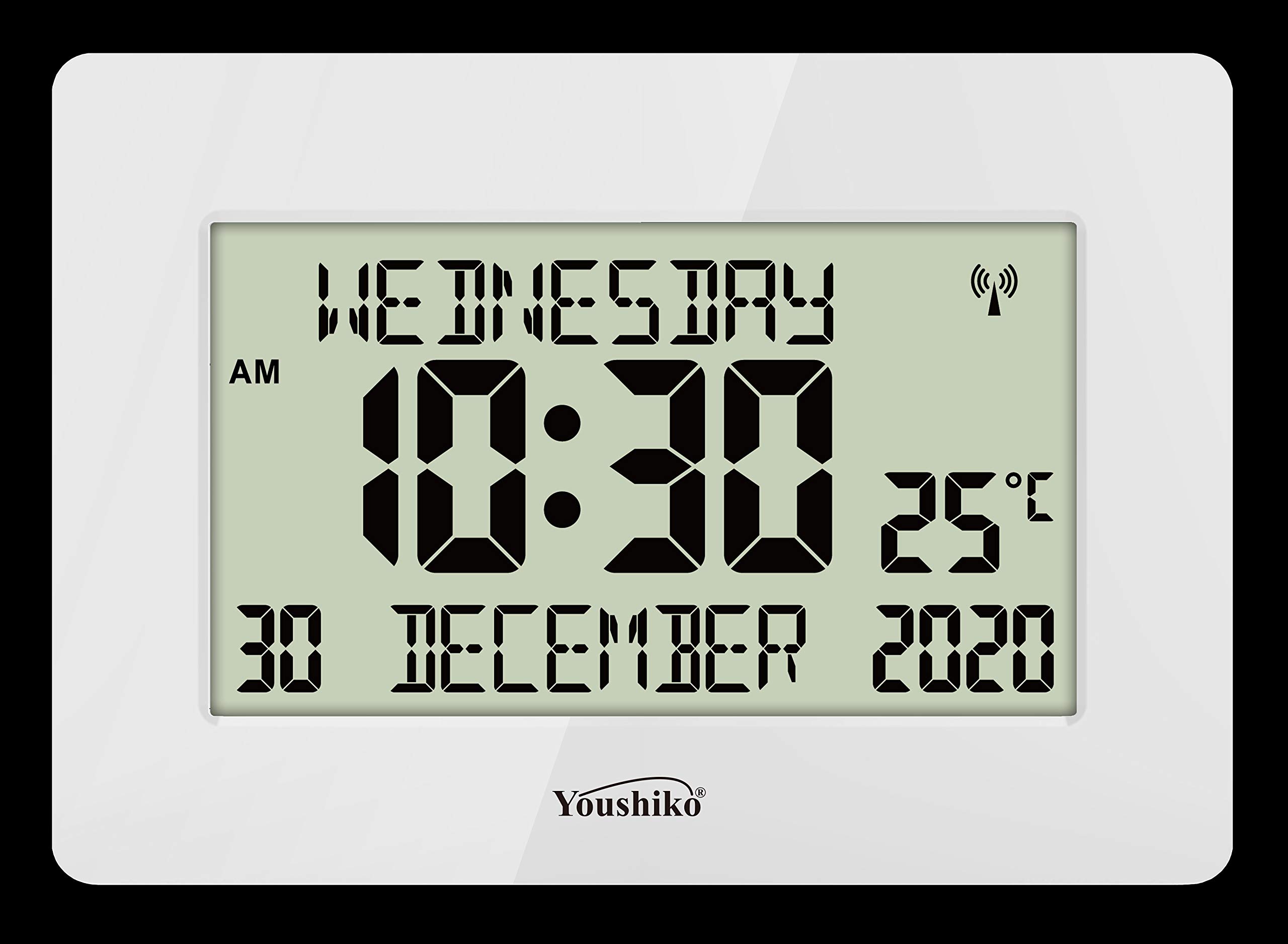 Youshiko Radio Controlled Silent Large LCD Wall Clock (Offical UK Version) Auto Set Up with Day Date Month Helpful for DEMENTIA & ALZHEIMER SUFFERERS