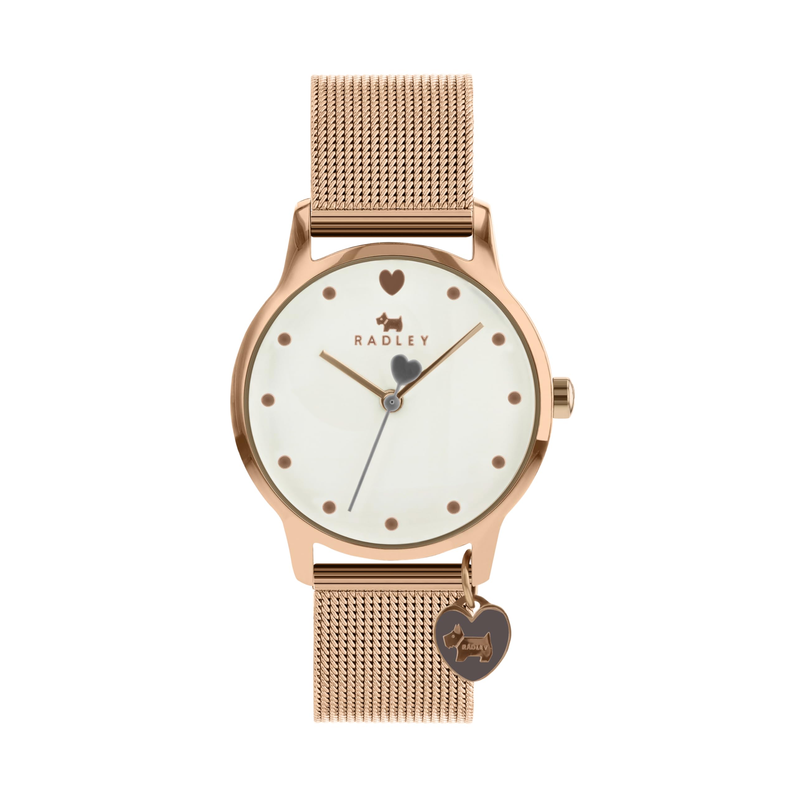 RADLEY Heart Dial Ladies Rose Gold Stainless Steel Mesh Strap Heart Charm Watch RY4368S