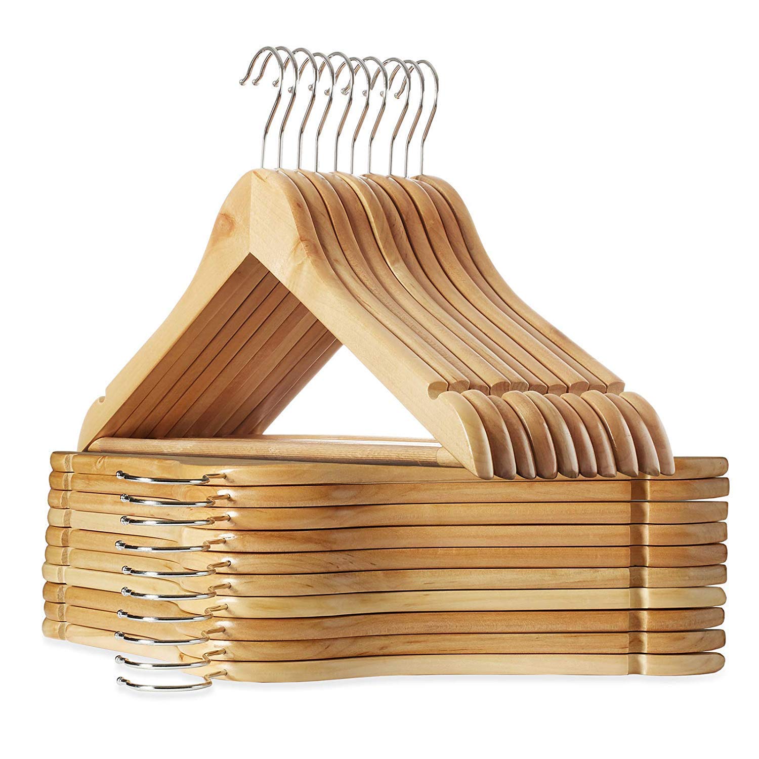 MERESQUE Solid Wood Natural Finish Garment Hangers with NonSlip Bar
