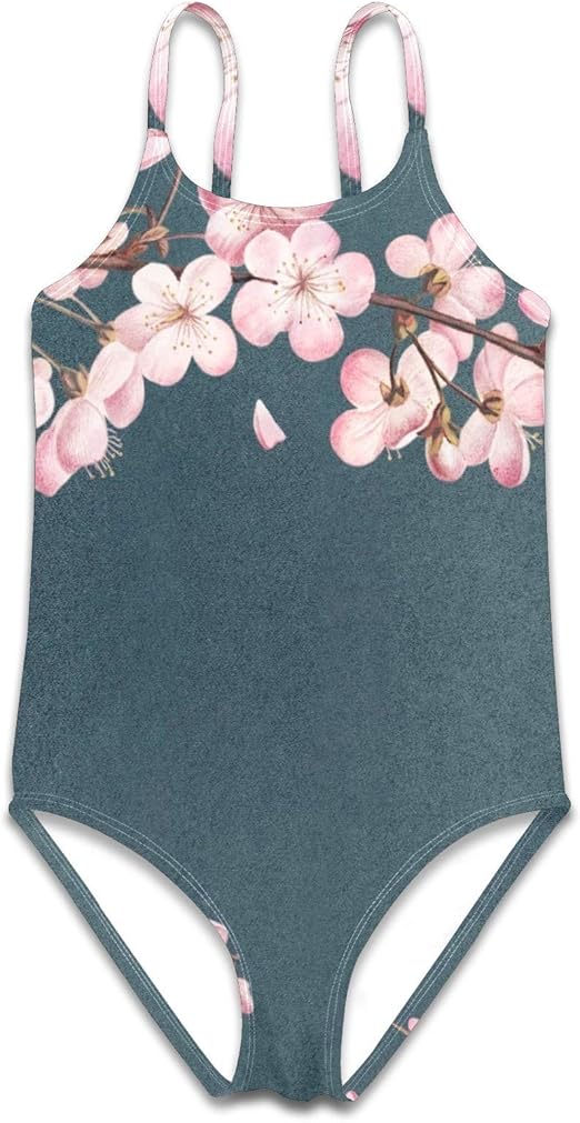 Traje de baño de una pieza para niñas, color rosa, flor de cerezo, rama