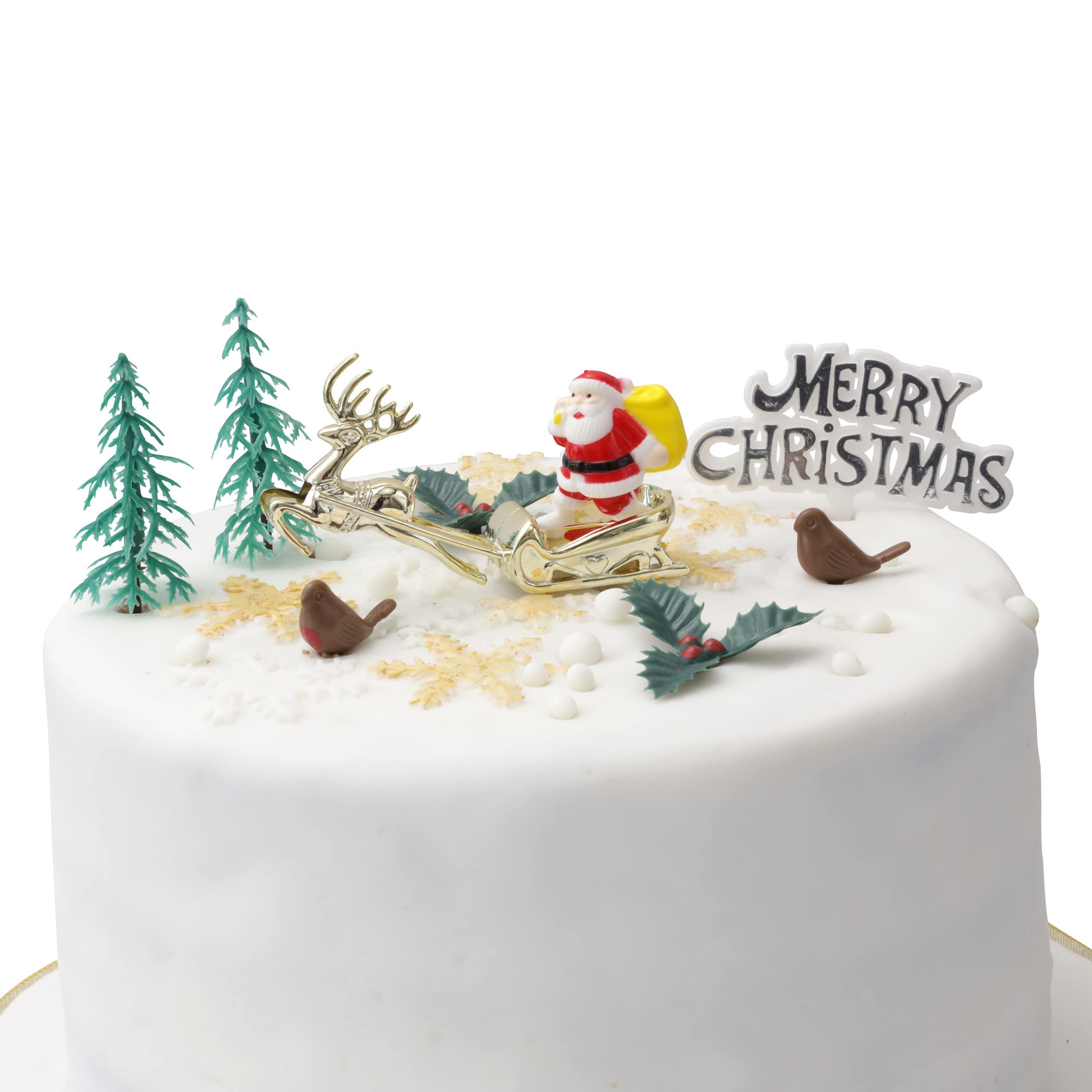 Merry Christmas Cake Decoration Sets |4-10Pieces| Yule Log Cupcake Toppers Santa's on Sleigh with Reindeer Snowmen Holly Tree Penguin Teddy Bear Merry Christmas Sign (Set of 9)