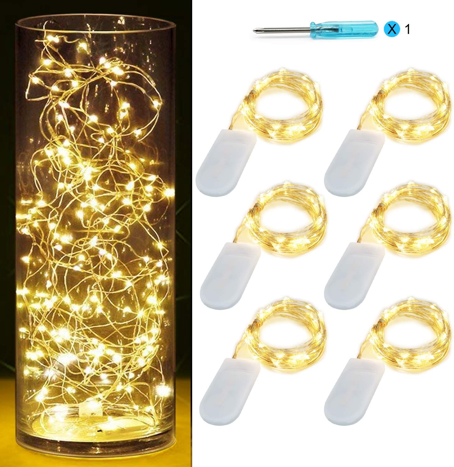 OakHaomie6 Pack 10ft(3m) LED Starry String Lights 30 Micro LEDs on Silvery Copper Wire,2pcs CR2032 Batteries Required and Included, for DIY Wedding Centerpiece Table Decorations (Warm White)