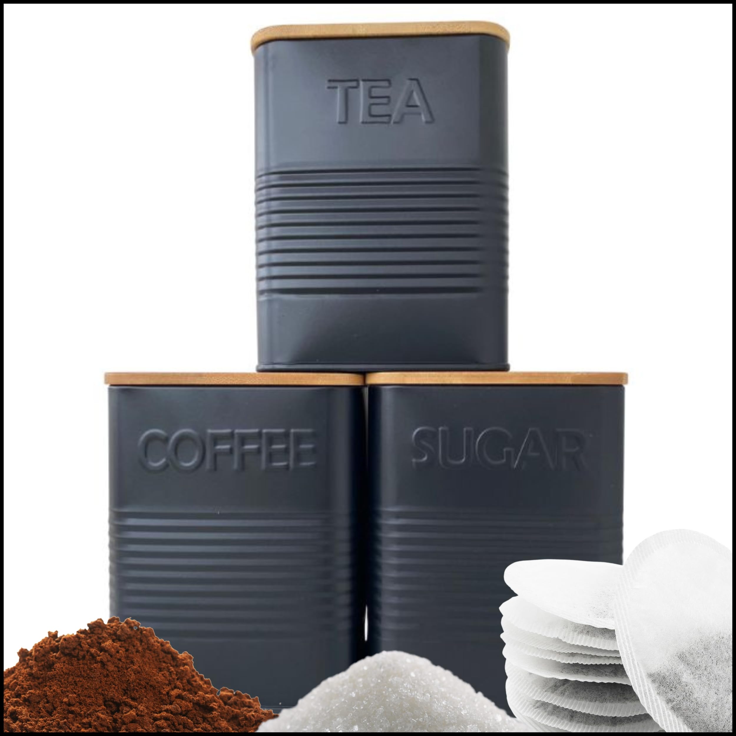 Evanmore Kitchen storage tins bread bin biscuit tin tea coffee sugar canisters pasta tin box (Tea, Coffee, Sugar Canisters)