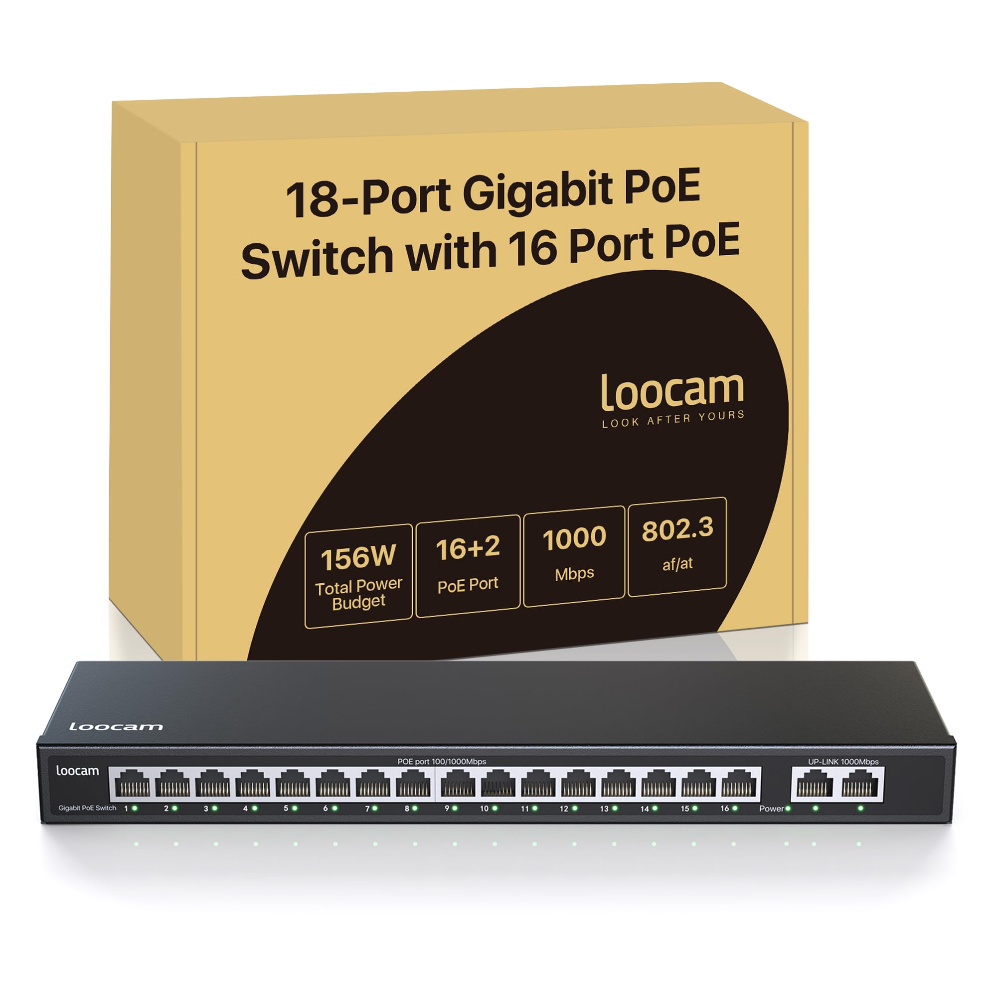 Loocam PoE Switch 16 Port Gigabit with 2 Gigabit Uplink Port, PoE+ 1000Mbps Ethernet Network Switch, 156W, IEEE802.3af/at, 250M Extend, Desktop or Wall Mount, Durable Metal Casing, Unmanaged