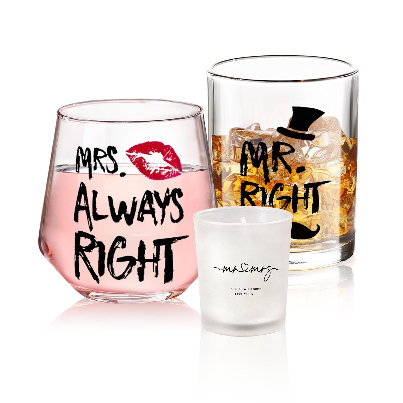 Yalucky Wedding Gifts Engagement Gift Funny Couple Gift Mr.Right and Mrs.Always Right Whiskey Wine Glasses Anniversary Wedding Present for Bride and Groom Valentines Gifts for Women