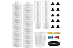 BENTOHKLE Disposable Paint Spray Gun Cup 50 Pack 22 Ounce(650ML) Disposable Mixing Cups for Automotive Spray Gun with 50 Liners and Lids System, 1 Hard Cup with Retainer Ring, 10 Plugs, 2 Adapters for Paint Gun