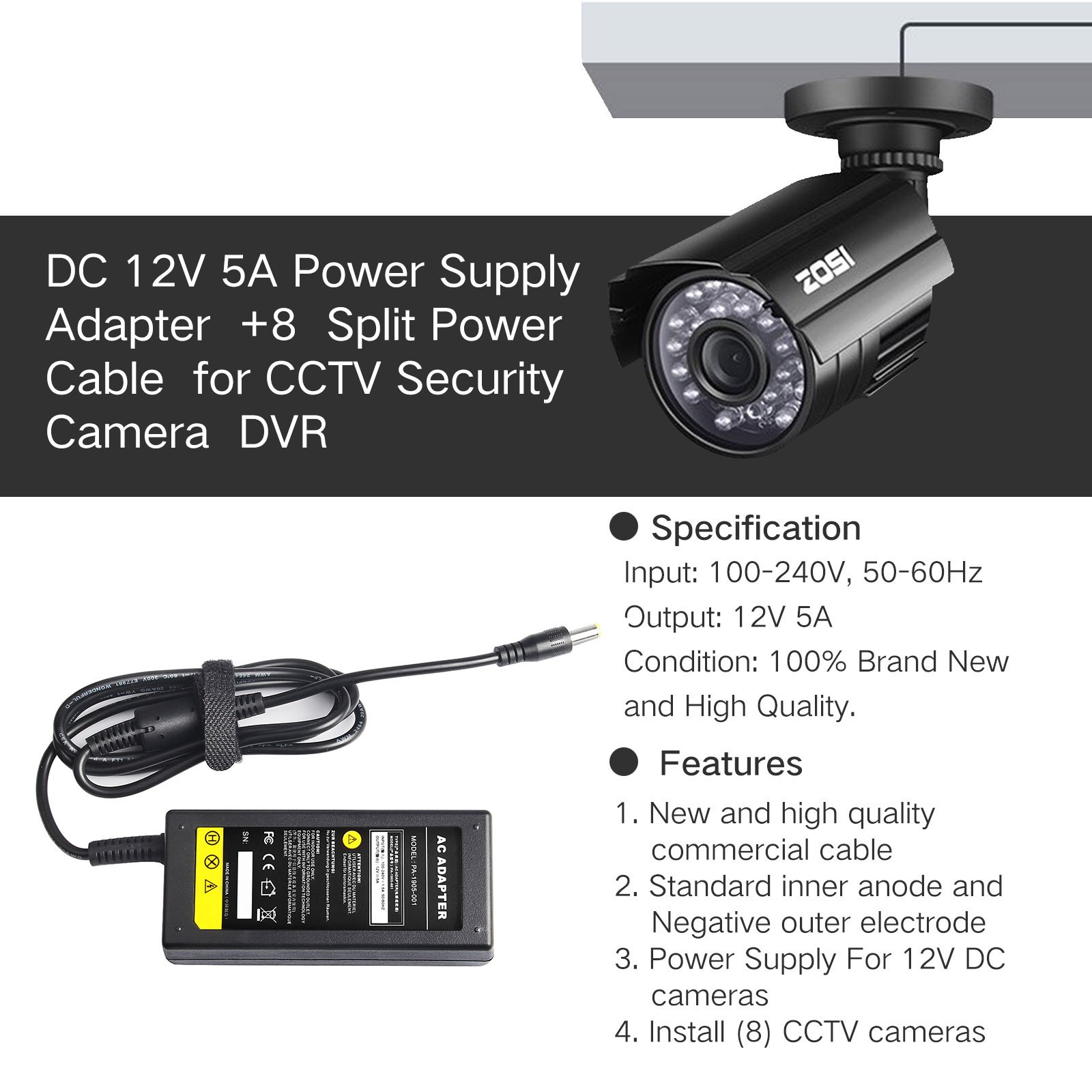 Fancy Buying Security Camera Power Adapter 12V 5A 100V-240V AC to DC 8-Way Power Splitter Cable FCC Certified LED Power Transformers-Fits Analog/AHD DVR/Camera, RGB LED Strip Lights