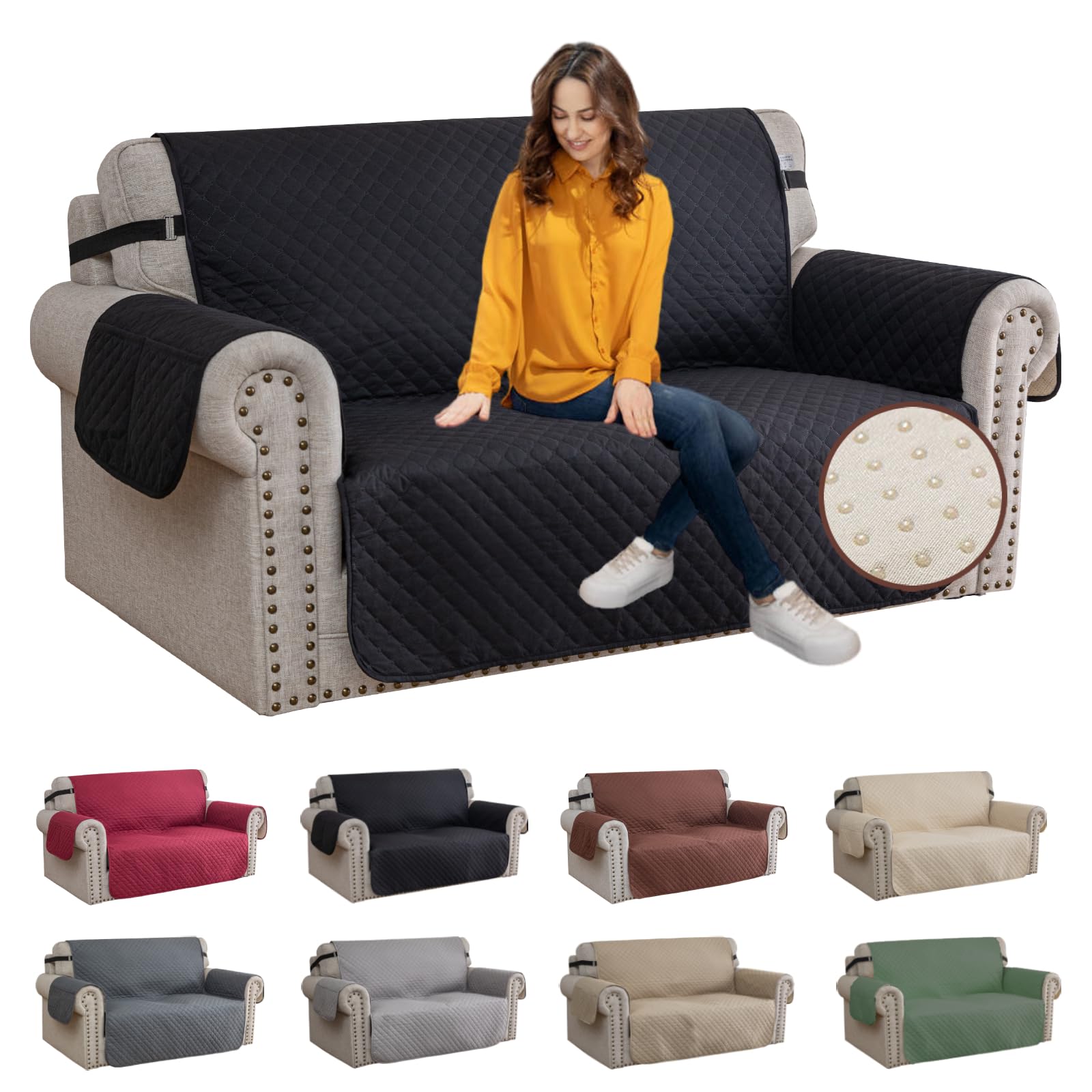 XINEAG Quilted Sofa Covers 2 Seater, Water Resistant Loveseat Covers Sofa Slipcovers with Pockets, Non Slip Sofa Cover for Dogs Pets, Washable Furniture Protector with Elastic Strap (Loveseat, Black)