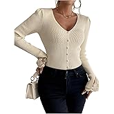 WDIRARA Women's V Neck Lace Long Sleeve Sweater Pearl Beaded Rib Knit Top