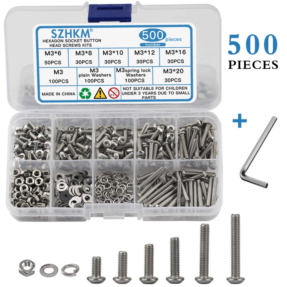 SZHKMM3 Hex Socket Head Cap Screws Assortment Set Kit Allen Socket Drive Stainless Steel Hex Button Head Cap Machine Screws for Electronic Products (with Wrench-500pcs)
