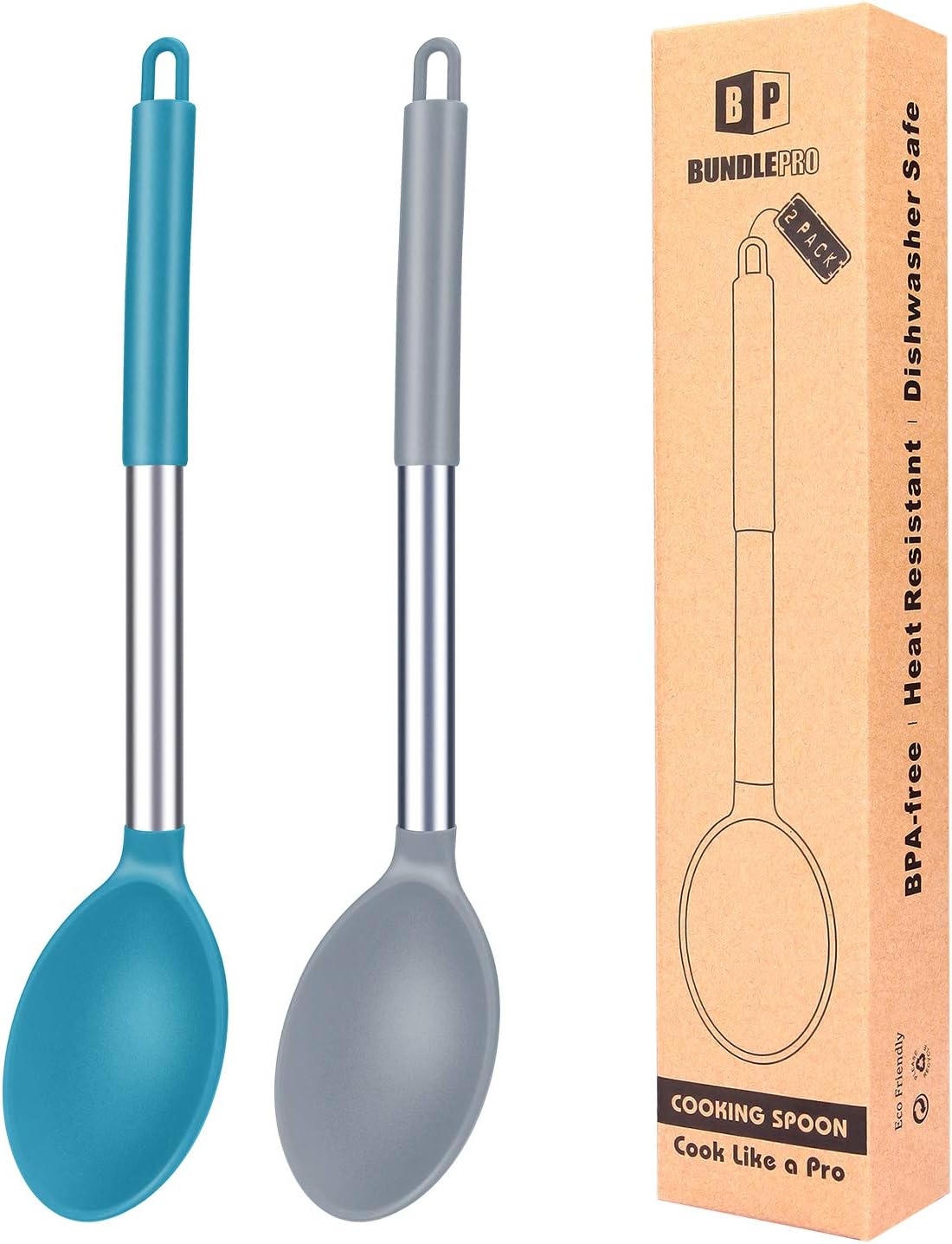Pack of 2 Large Silicone Cooking Spoon Non Stick Solid Basting Spoons Heat-Resistant Kitchen Utensils for Mixing Serving (Gray-Blue): Kitchen & Dining