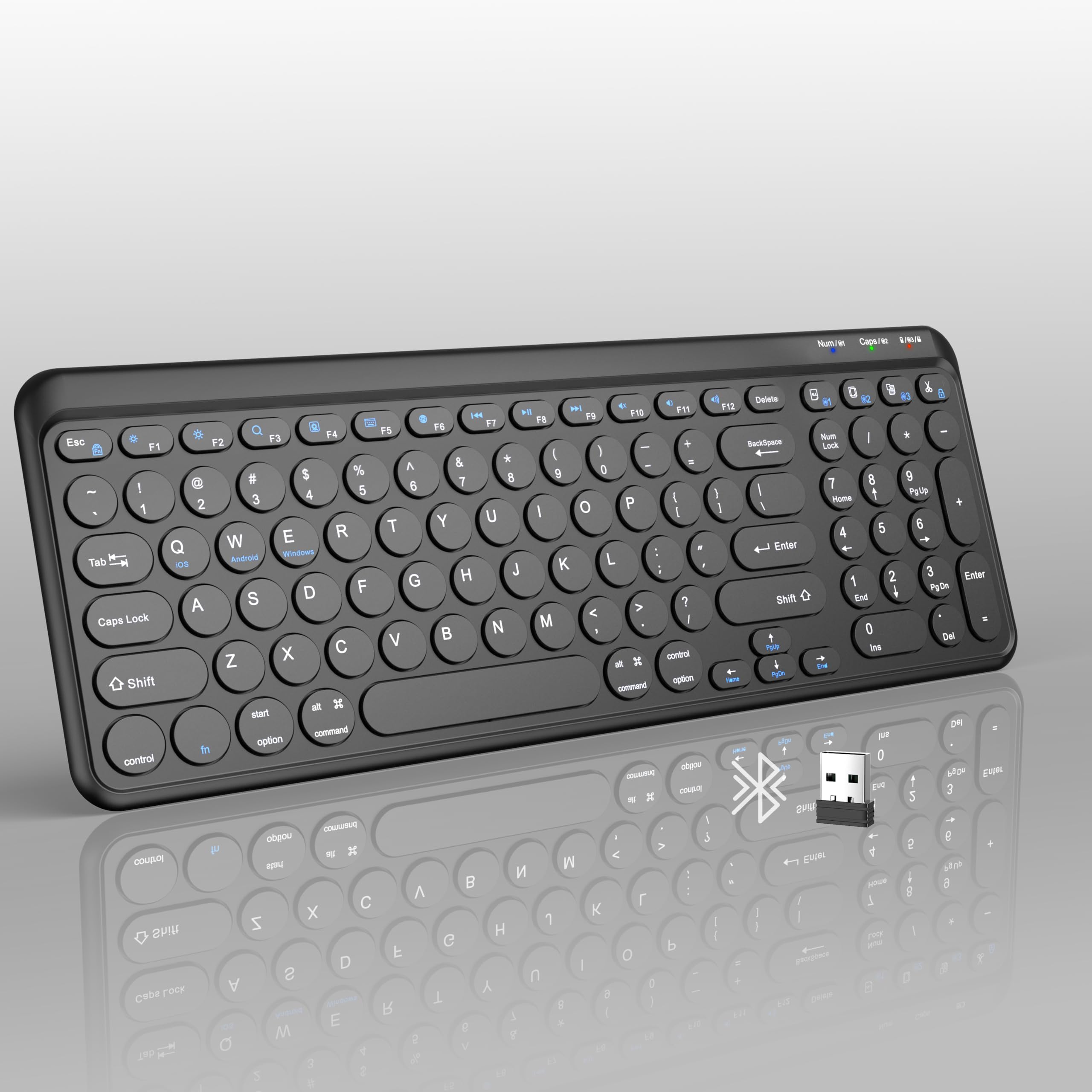 Photo 1 of TECKNET Wireless Keyboard Bluetooth & 2.4G USB, Up to 4-Device Connection, USB C Rechargeable Battery, Quiet Typing, Compact Layout, 7° Ergonomic Tilt, Compatible with Windows/Android/iOS, Black