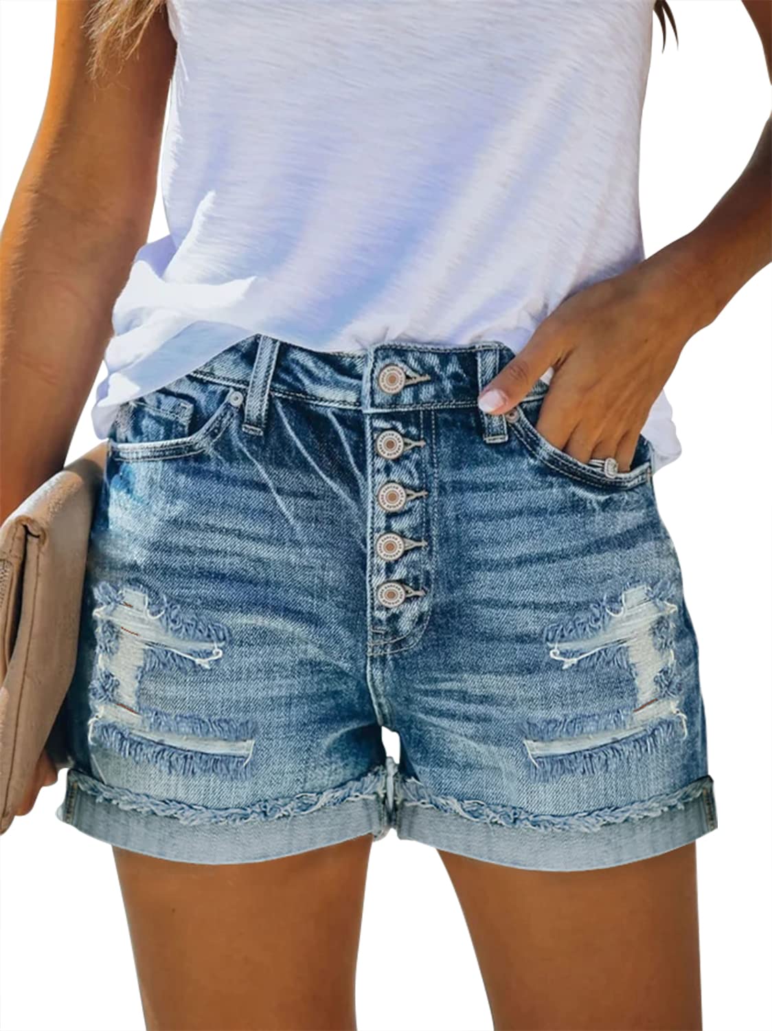 Photo 1 of Plus Size Stretch Denim Shorts for Women 2024 Trendy Button Fly Ripped Shorts Boyfriend Cut Off Shorts(Light Blue,2XL)