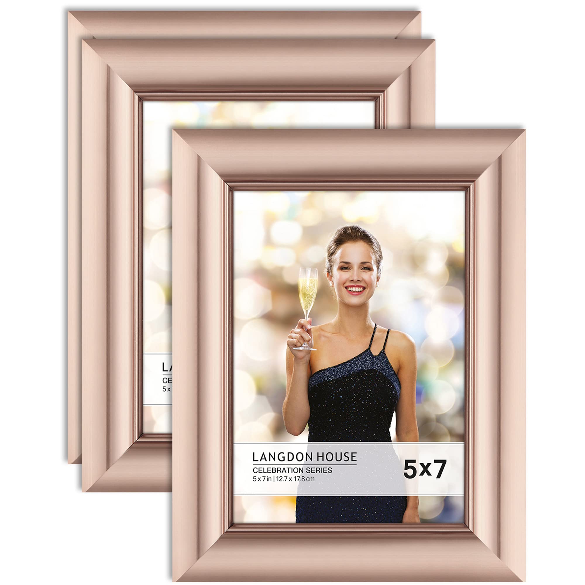 Langdon House 7x5 Picture Frames (Rose Gold, 3 Pack), Contemporary Glam Photo Frames 7 x 5, Wall Mount or Table Top, Celebration Collection
