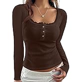 KIGRAD Women Y2k Lace Trim Scoop Neck Button Pointelle Crop Tee Tops Slim Fit Long Sleeve Aesthetic Fall Henley T Shirts