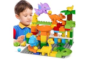 burgkidz Marble Run Building Blocks Dino Toys: STEM Ball Race Track for Boys & Girls with Functional Dinosaur Building Blocks, Marbles Maze Game Toy Set for Kids Ages 3 4-8