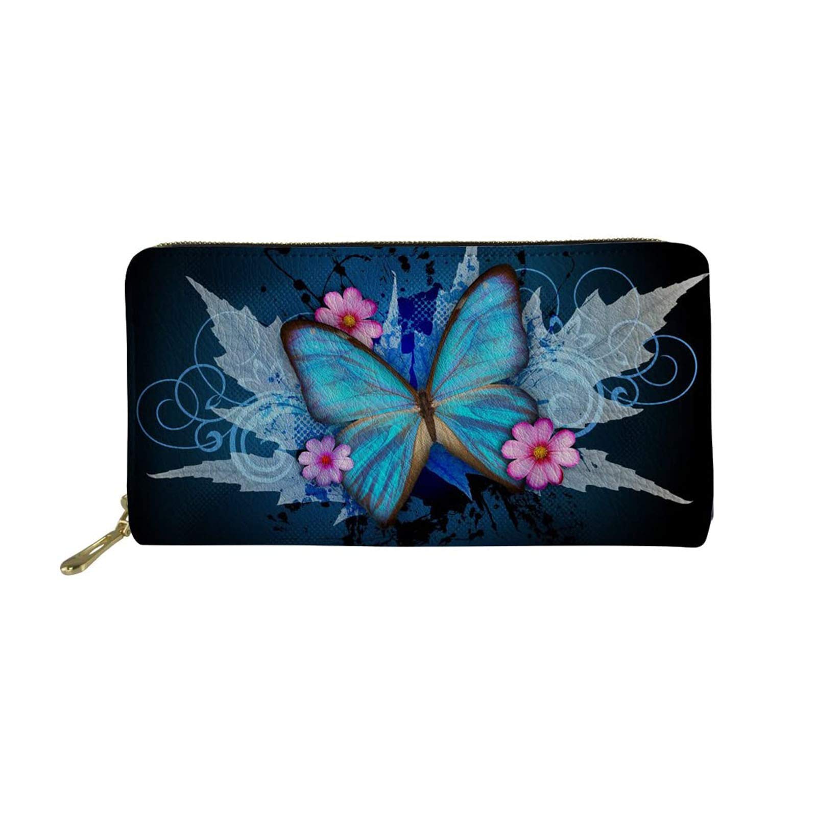 SEANATIVE Blue Butterfly Leather Wallet Women Fashion PPurse with Coin Pocket 4 Card Slots Shopping Money Clips Clutch Bag