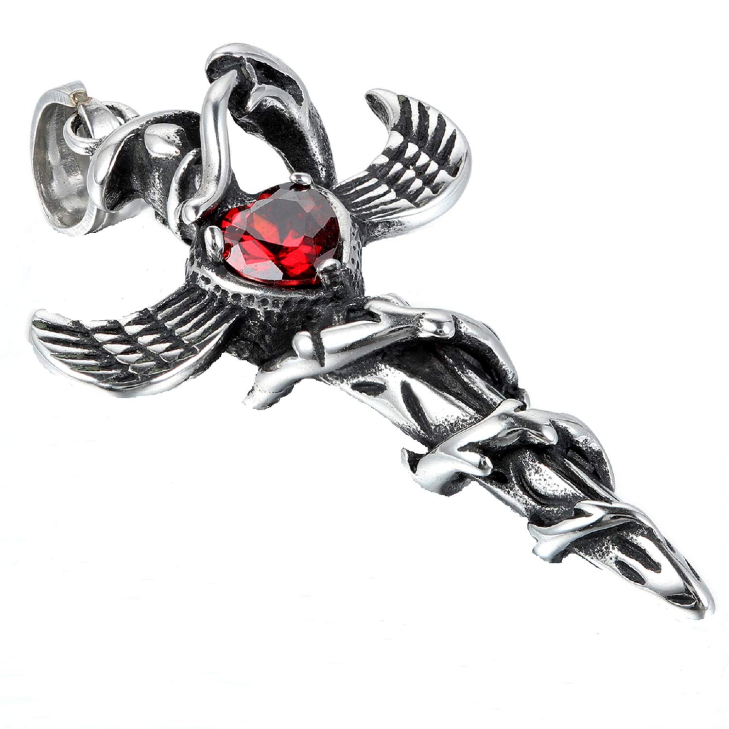 JewelryWe Mens Snake Wing Cross Sword Stainless Steel Pendant Necklace, Red Heart, 22 inch Chain