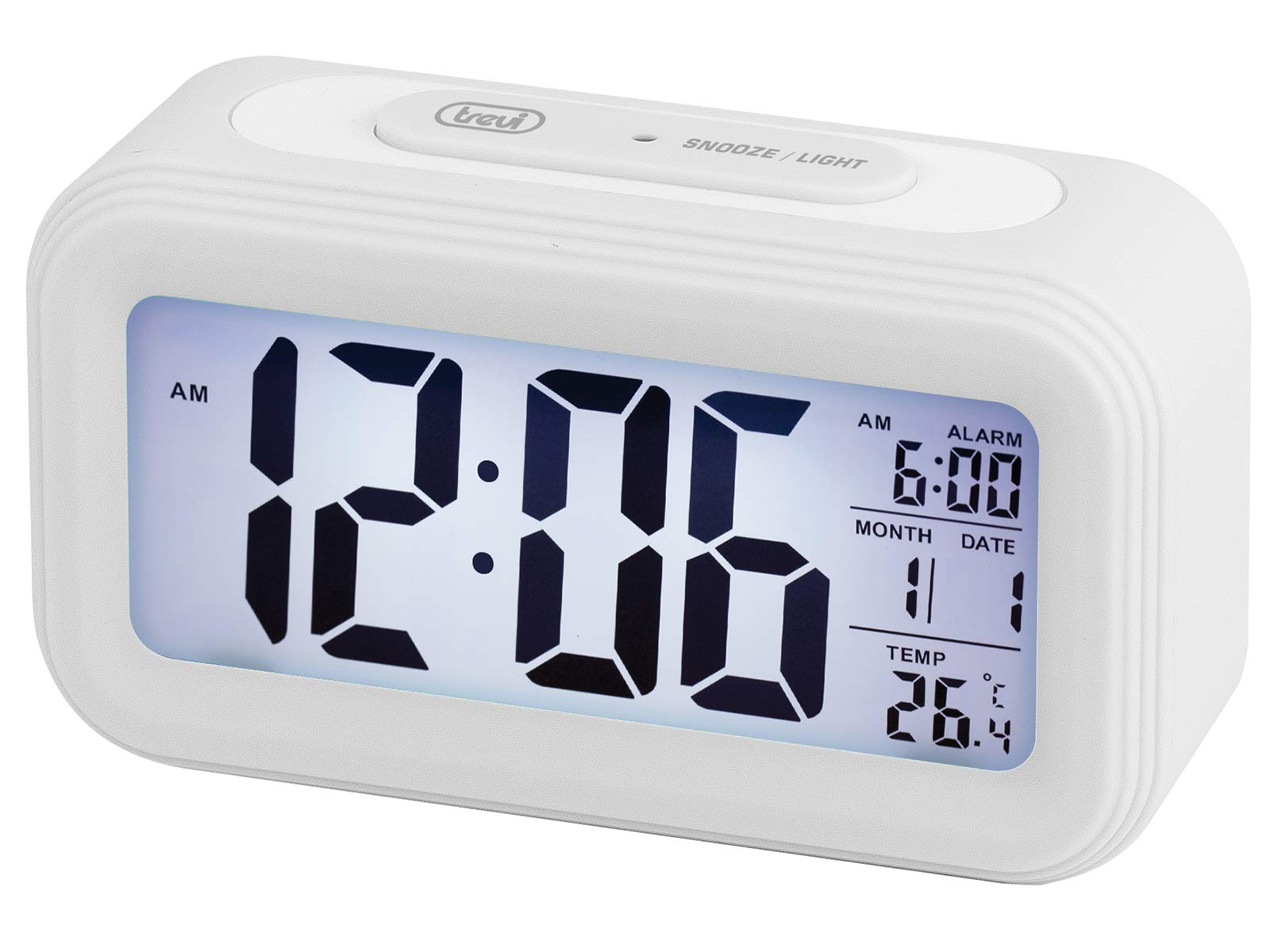 Trevi SLD 3068 S Digital Thermometer with Alarm Clock, Large LCD Display, Calendar, Automatic Lighting Sensor, Snooze Function, White