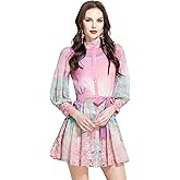 LAI MENG FIVE CATS Women's Floral Print Lantern Sleeve Ruffle Casual Button Belted Thin Loose Fit Mini Dress