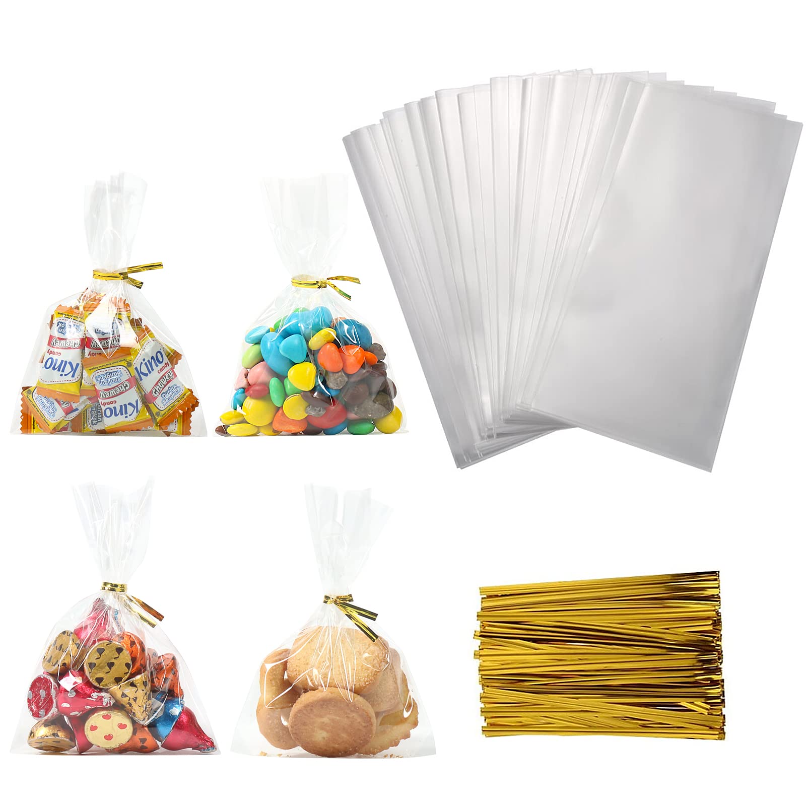 Clear Cellophane Bags, 300 Pack 4 x 6 Inch Small Sweet Bags with 350pcs Twist Ties for Cookies Biscuit Sugars Treats Chocolates Gift Wrap Small Business Food Packaging (1.4 Mil)
