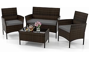 KOTEK 4 Piece Patio Furniture Set, Outdoor Rattan Conversation Set with Loveseat, Wicker Chairs, Tempered Glass Coffee Table,
