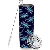 RNFENQS Skinny Tumbler Gift for Men Women, Dragonfly Tumbler Cup with Straw Lid 20 OZ, Stainless Steel Insulated Vacuum Slim Travel Coffee Mug