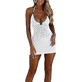 Women's Sexy Knit Hollow Out Cinch Waist Backless Halter Mini Dress Halter V Neck Beach Summer Cover Up Sundress